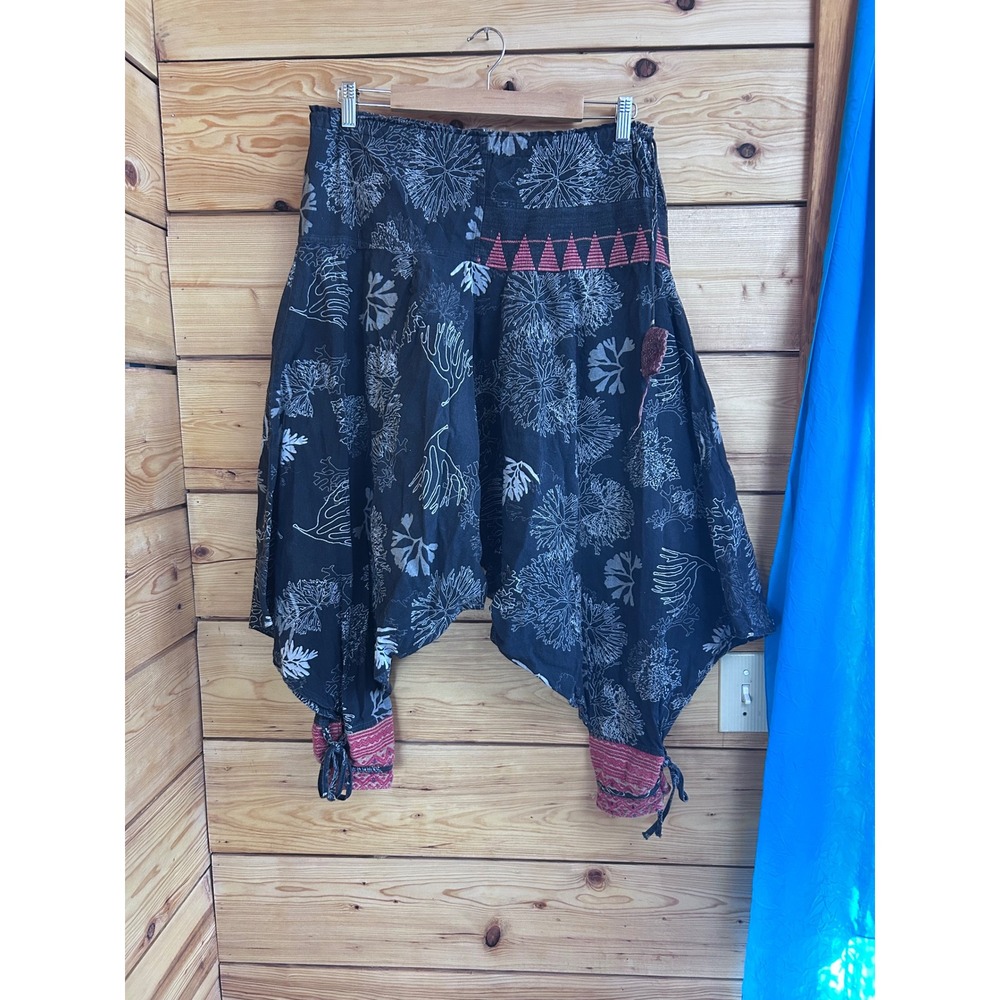 Boho Black Botanical Print Harem Pants Red Embroidered‎ Drop Crotch Festival XL